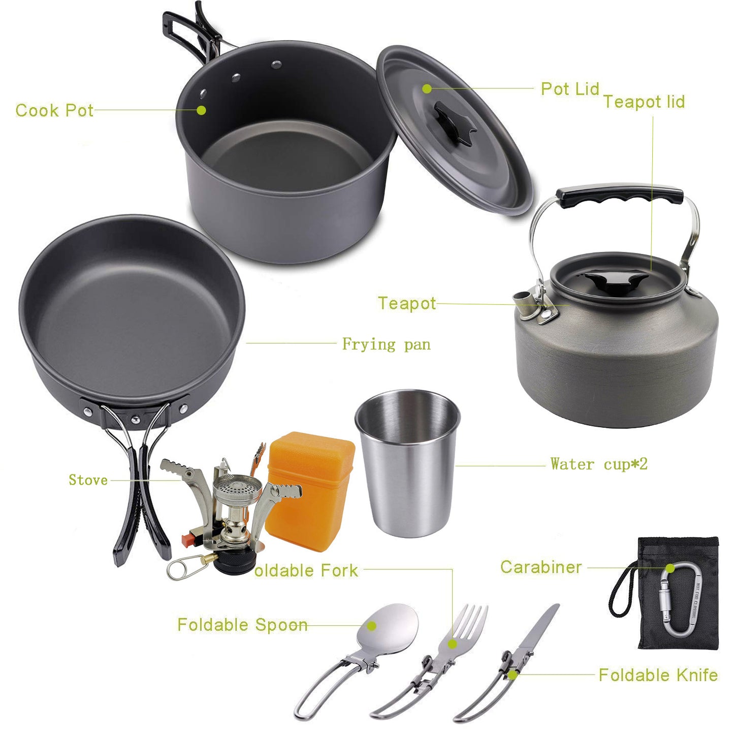 Portable Camping Cookware Set – Ultra-Light Outdoor Kettle, Pot, Pan & Stove for 2-3 People, Compact Survival Gear