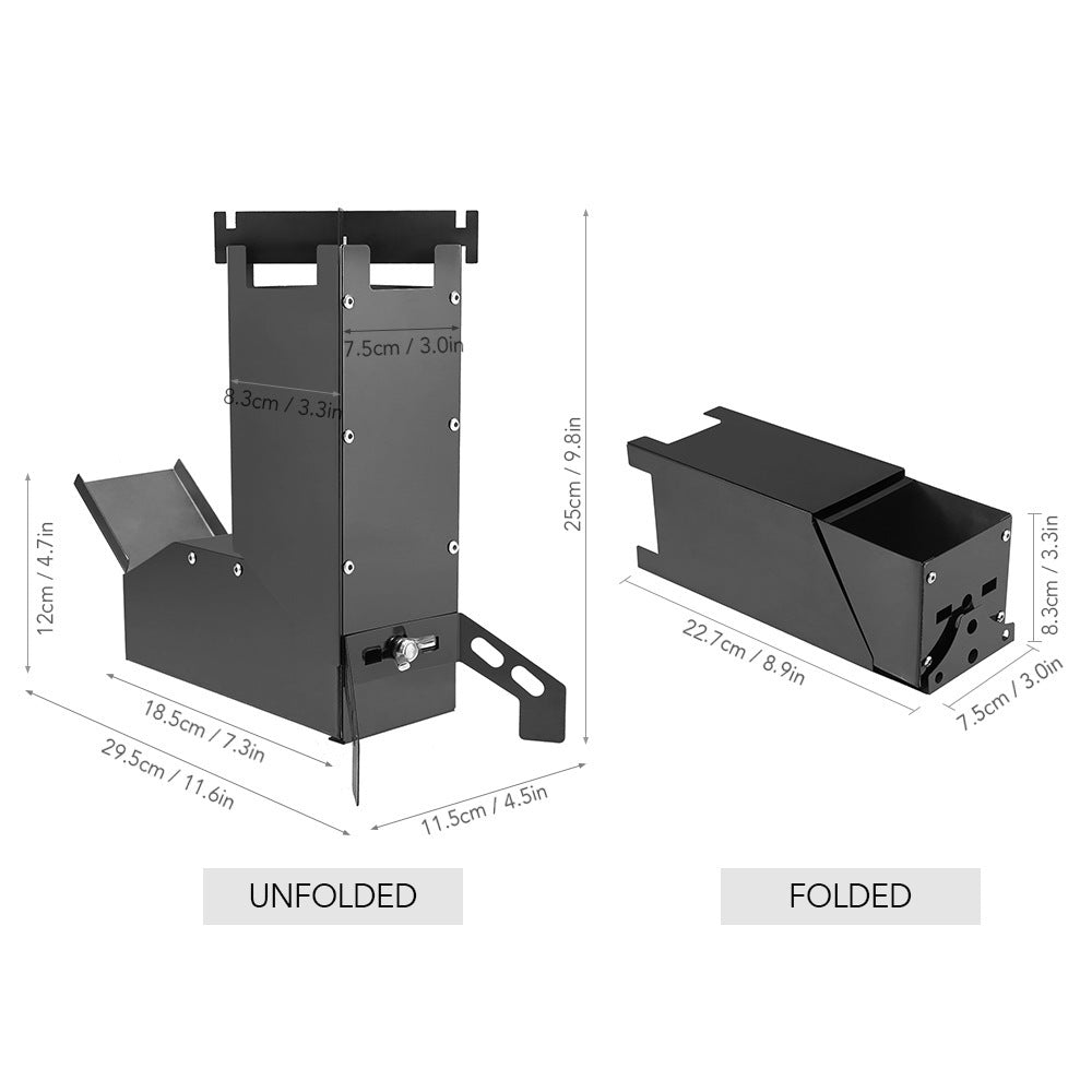 Black Titanium Portable Stainless Steel Folding Camping BBQ Wood Stove with Instruction Manual