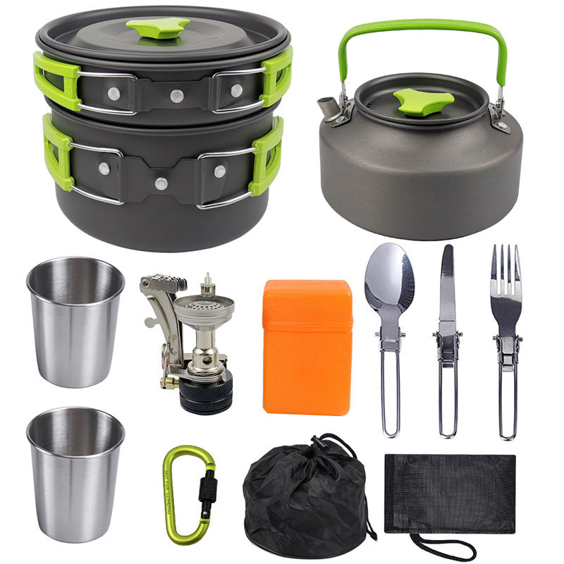 Portable Camping Cookware Set – Ultra-Light Outdoor Kettle, Pot, Pan & Stove for 2-3 People, Compact Survival Gear