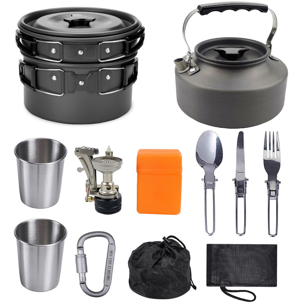 Portable Camping Cookware Set – Ultra-Light Outdoor Kettle, Pot, Pan & Stove for 2-3 People, Compact Survival Gear