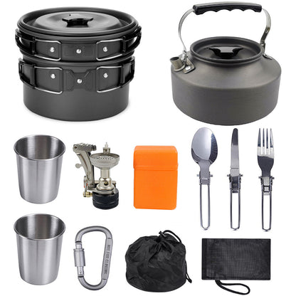 Portable Camping Cookware Set – Ultra-Light Outdoor Kettle, Pot, Pan & Stove for 2-3 People, Compact Survival Gear