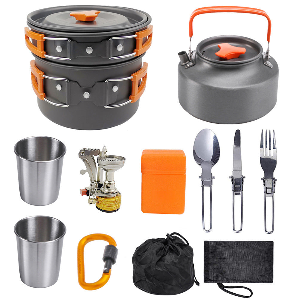Portable Camping Cookware Set – Ultra-Light Outdoor Kettle, Pot, Pan & Stove for 2-3 People, Compact Survival Gear