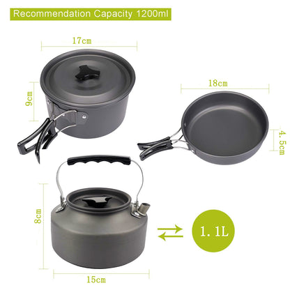 Portable Camping Cookware Set – Ultra-Light Outdoor Kettle, Pot, Pan & Stove for 2-3 People, Compact Survival Gear