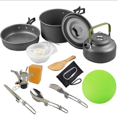 Portable Camping Cookware Set – Ultra-Light Outdoor Kettle, Pot, Pan & Stove for 2-3 People, Compact Survival Gear