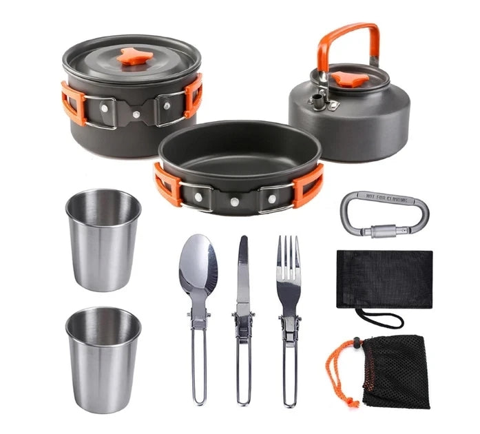 Compact Camping Cookware Set – Ultra-Light Kettle, Pot, Pan & Stove for 2-3 People, Perfect for Outdoor Survival