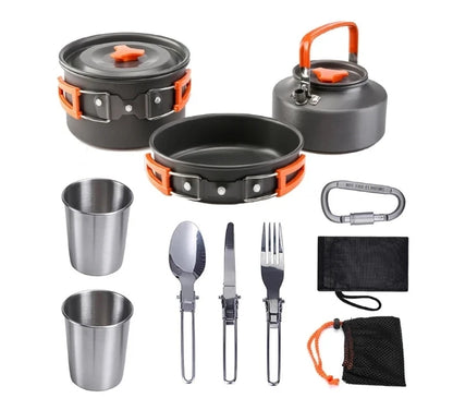 Compact Camping Cookware Set – Ultra-Light Kettle, Pot, Pan & Stove for 2-3 People, Perfect for Outdoor Survival