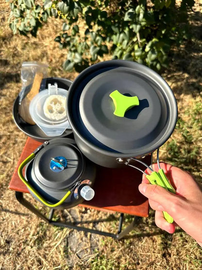 Portable Camping Cookware Set – Ultra-Light Outdoor Kettle, Pot, Pan & Stove for 2-3 People, Compact Survival Gear