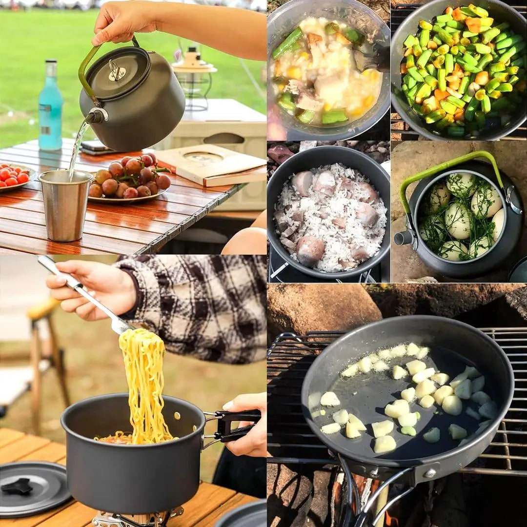 Portable Camping Cookware Set – Ultra-Light Outdoor Kettle, Pot, Pan & Stove for 2-3 People, Compact Survival Gear