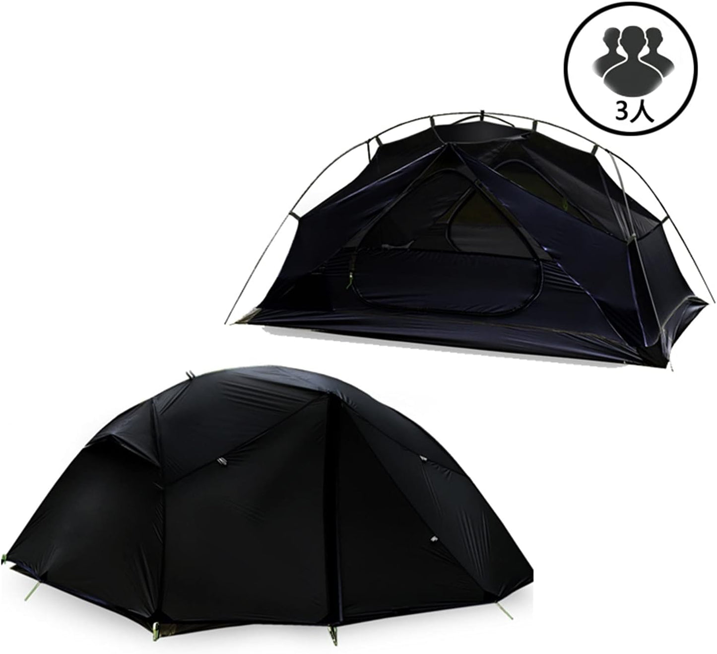 Double Layer Four-Season Camping Tent for 2-3 People with Aluminum Poles Black Waterproof Silicone-Coated Nylon