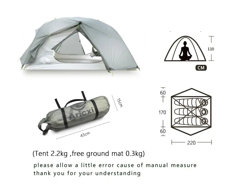 Double Layer Four-Season Camping Tent for 2-3 People with Aluminum Poles Black Waterproof Silicone-Coated Nylon