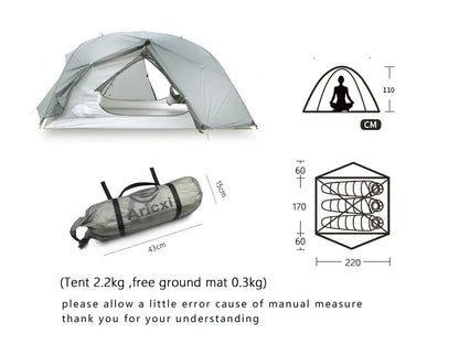Double Layer Four-Season Camping Tent for 2-3 People with Aluminum Poles Black Waterproof Silicone-Coated Nylon