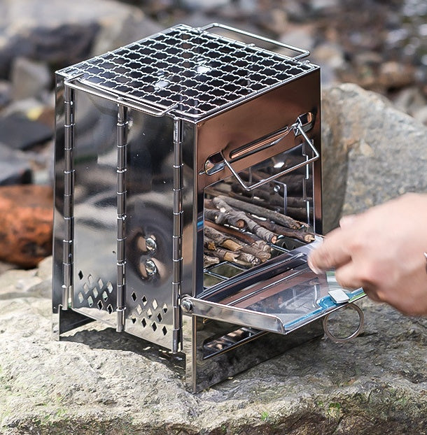 Stainless Steel Portable Folding Firewood Stove, Multi-Fuel Outdoor BBQ Grill