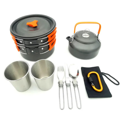 Compact Camping Cookware Set – Ultra-Light Kettle, Pot, Pan & Stove for 2-3 People, Perfect for Outdoor Survival