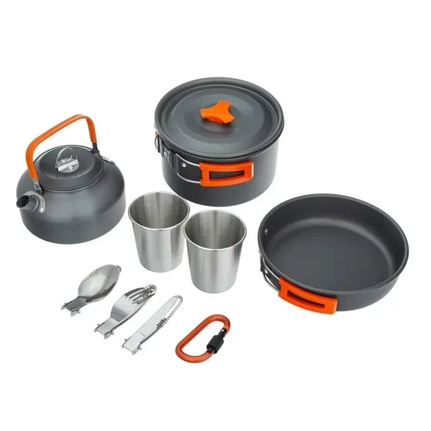 Compact Camping Cookware Set – Ultra-Light Kettle, Pot, Pan & Stove for 2-3 People, Perfect for Outdoor Survival